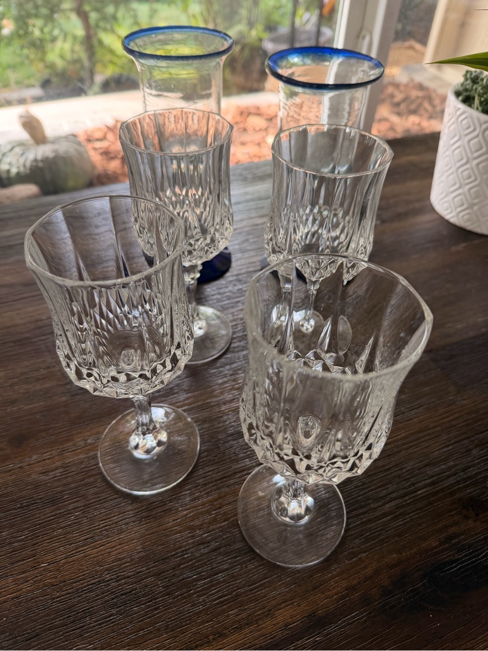 Clear Cut Crystal-Style Wine Goblets - Set of 4 and two rustic wine glasses